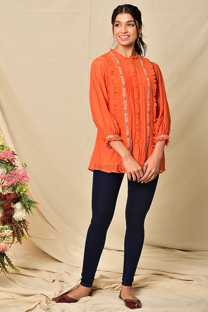 Orange Chanderi Top Indian Clothing in Denver, CO, Aurora, CO, Boulder, CO, Fort Collins, CO, Colorado Springs, CO, Parker, CO, Highlands Ranch, CO, Cherry Creek, CO, Centennial, CO, and Longmont, CO. NATIONWIDE SHIPPING USA- India Fashion X