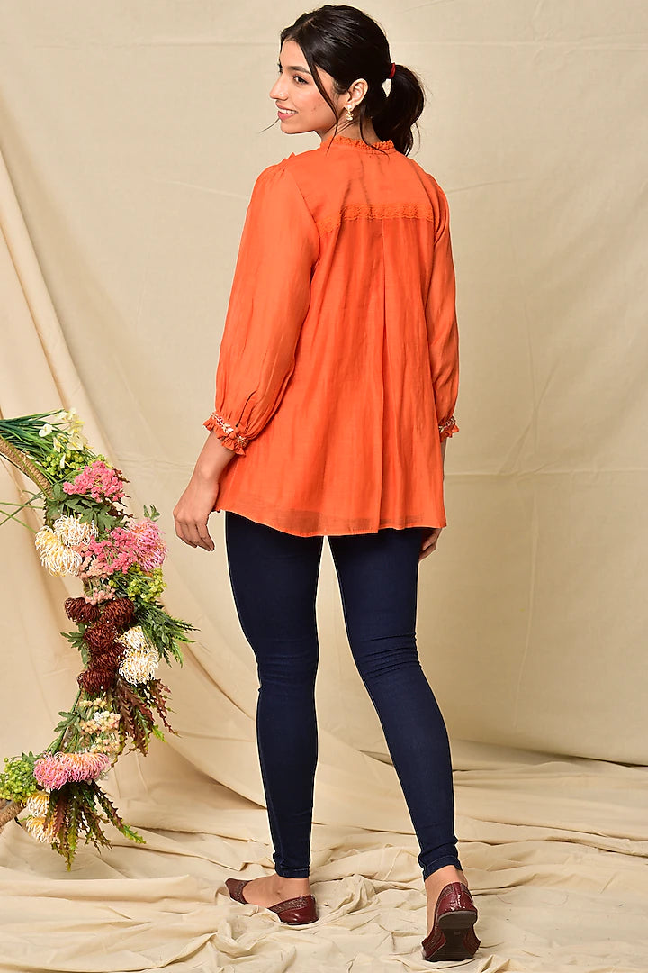 Orange Chanderi Top Indian Clothing in Denver, CO, Aurora, CO, Boulder, CO, Fort Collins, CO, Colorado Springs, CO, Parker, CO, Highlands Ranch, CO, Cherry Creek, CO, Centennial, CO, and Longmont, CO. NATIONWIDE SHIPPING USA- India Fashion X