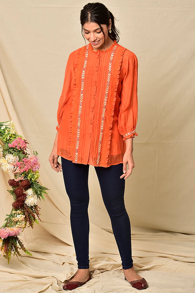 Orange Chanderi Top Indian Clothing in Denver, CO, Aurora, CO, Boulder, CO, Fort Collins, CO, Colorado Springs, CO, Parker, CO, Highlands Ranch, CO, Cherry Creek, CO, Centennial, CO, and Longmont, CO. NATIONWIDE SHIPPING USA- India Fashion X