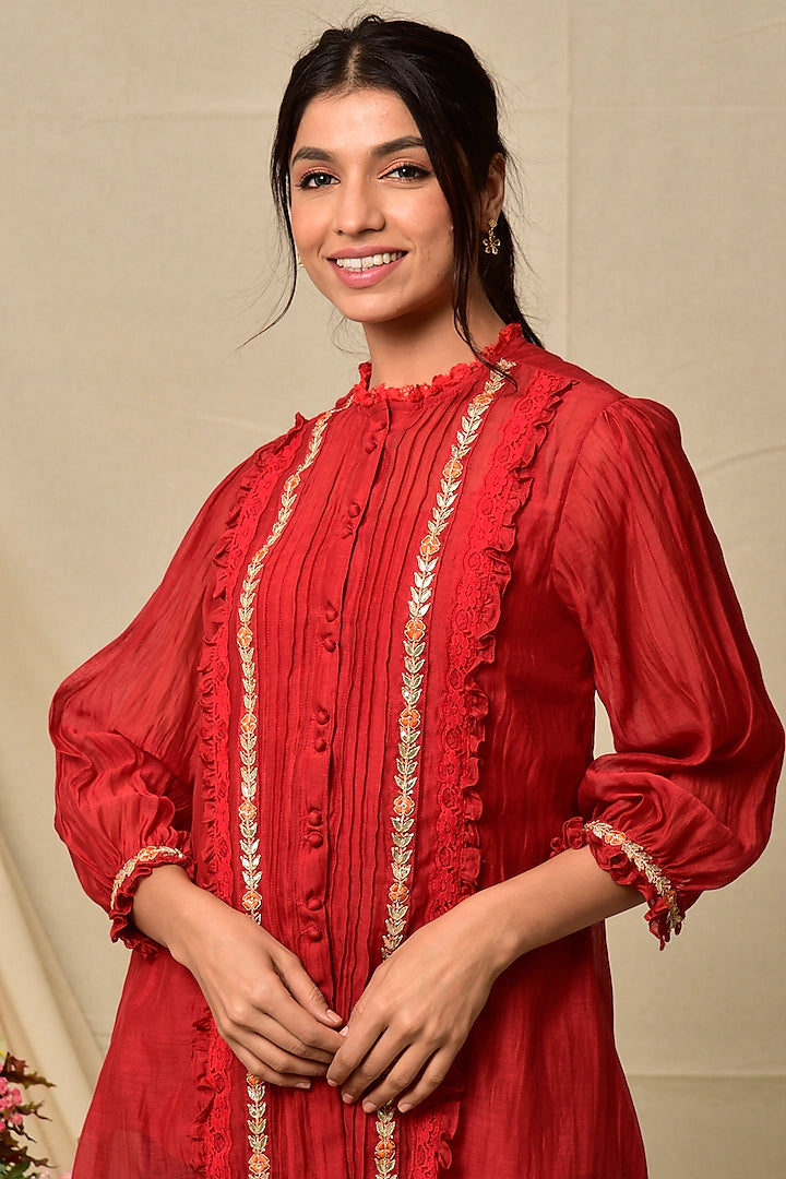 Red Chanderi Top Indian Clothing in Denver, CO, Aurora, CO, Boulder, CO, Fort Collins, CO, Colorado Springs, CO, Parker, CO, Highlands Ranch, CO, Cherry Creek, CO, Centennial, CO, and Longmont, CO. NATIONWIDE SHIPPING USA- India Fashion X