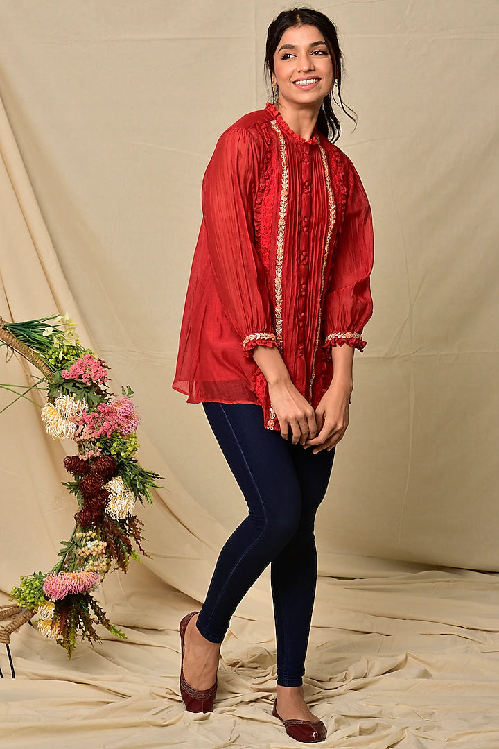 Red Chanderi Top Indian Clothing in Denver, CO, Aurora, CO, Boulder, CO, Fort Collins, CO, Colorado Springs, CO, Parker, CO, Highlands Ranch, CO, Cherry Creek, CO, Centennial, CO, and Longmont, CO. NATIONWIDE SHIPPING USA- India Fashion X