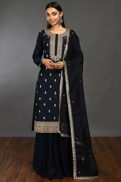 Navy Blue Georgette Sharara Set - Indian Clothing in Denver, CO, Aurora, CO, Boulder, CO, Fort Collins, CO, Colorado Springs, CO, Parker, CO, Highlands Ranch, CO, Cherry Creek, CO, Centennial, CO, and Longmont, CO. Nationwide shipping USA - India Fashion X