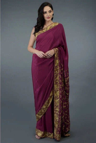 Saree in Raspberry Purple Gold Trim Featured in Pure Crepe Silk - Indian Clothing in Denver, CO, Aurora, CO, Boulder, CO, Fort Collins, CO, Colorado Springs, CO, Parker, CO, Highlands Ranch, CO, Cherry Creek, CO, Centennial, CO, and Longmont, CO. Nationwide shipping USA - India Fashion X