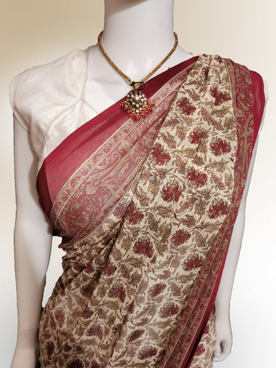 Saree in Pastel Red and Gold in Traditional Floral Print Indian Clothing in Denver, CO, Aurora, CO, Boulder, CO, Fort Collins, CO, Colorado Springs, CO, Parker, CO, Highlands Ranch, CO, Cherry Creek, CO, Centennial, CO, and Longmont, CO. NATIONWIDE SHIPPING USA- India Fashion X