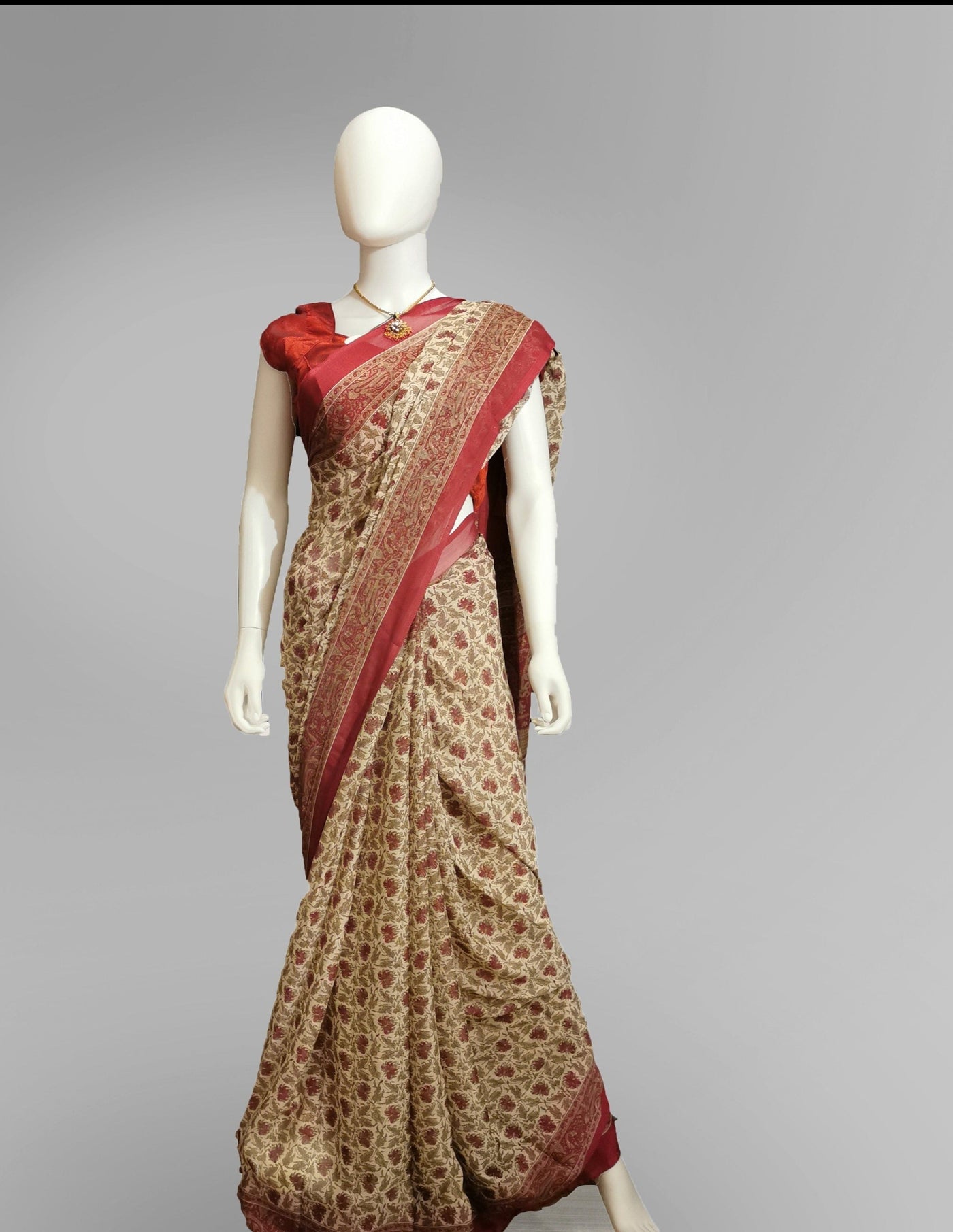 Saree in Pastel Red and Gold in Traditional Floral Print Indian Clothing in Denver, CO, Aurora, CO, Boulder, CO, Fort Collins, CO, Colorado Springs, CO, Parker, CO, Highlands Ranch, CO, Cherry Creek, CO, Centennial, CO, and Longmont, CO. NATIONWIDE SHIPPING USA- India Fashion X