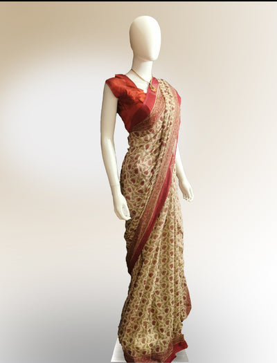 Saree in Pastel Red and Gold in Traditional Floral Print Indian Clothing in Denver, CO, Aurora, CO, Boulder, CO, Fort Collins, CO, Colorado Springs, CO, Parker, CO, Highlands Ranch, CO, Cherry Creek, CO, Centennial, CO, and Longmont, CO. NATIONWIDE SHIPPING USA- India Fashion X
