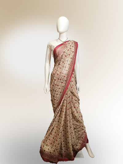 Saree in Pastel Red and Gold in Traditional Floral Print Indian Clothing in Denver, CO, Aurora, CO, Boulder, CO, Fort Collins, CO, Colorado Springs, CO, Parker, CO, Highlands Ranch, CO, Cherry Creek, CO, Centennial, CO, and Longmont, CO. NATIONWIDE SHIPPING USA- India Fashion X