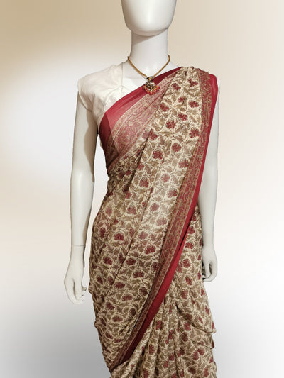 Saree in Pastel Red and Gold in Traditional Floral Print Indian Clothing in Denver, CO, Aurora, CO, Boulder, CO, Fort Collins, CO, Colorado Springs, CO, Parker, CO, Highlands Ranch, CO, Cherry Creek, CO, Centennial, CO, and Longmont, CO. NATIONWIDE SHIPPING USA- India Fashion X