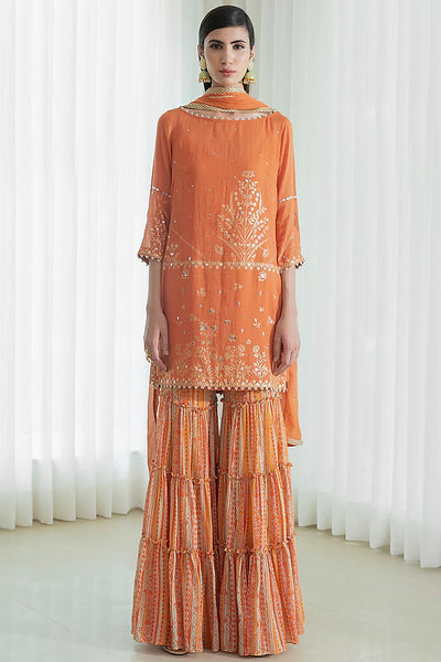 Rust Mulmul Tiered Sharara Set Indian Clothing in Denver, CO, Aurora, CO, Boulder, CO, Fort Collins, CO, Colorado Springs, CO, Parker, CO, Highlands Ranch, CO, Cherry Creek, CO, Centennial, CO, and Longmont, CO. NATIONWIDE SHIPPING USA- India Fashion X