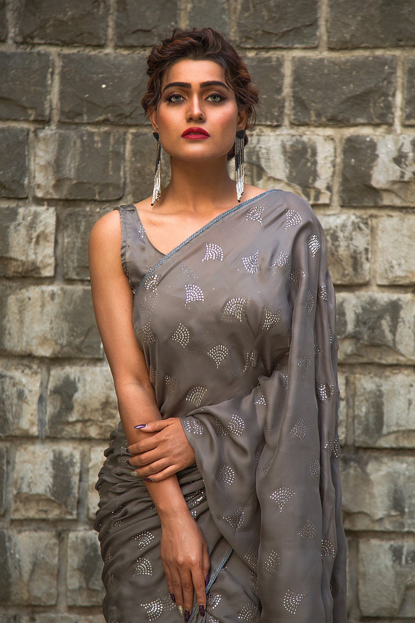 Glossed Gray Crystal Saree - Indian Clothing in Denver, CO, Aurora, CO, Boulder, CO, Fort Collins, CO, Colorado Springs, CO, Parker, CO, Highlands Ranch, CO, Cherry Creek, CO, Centennial, CO, and Longmont, CO. Nationwide shipping USA - India Fashion X