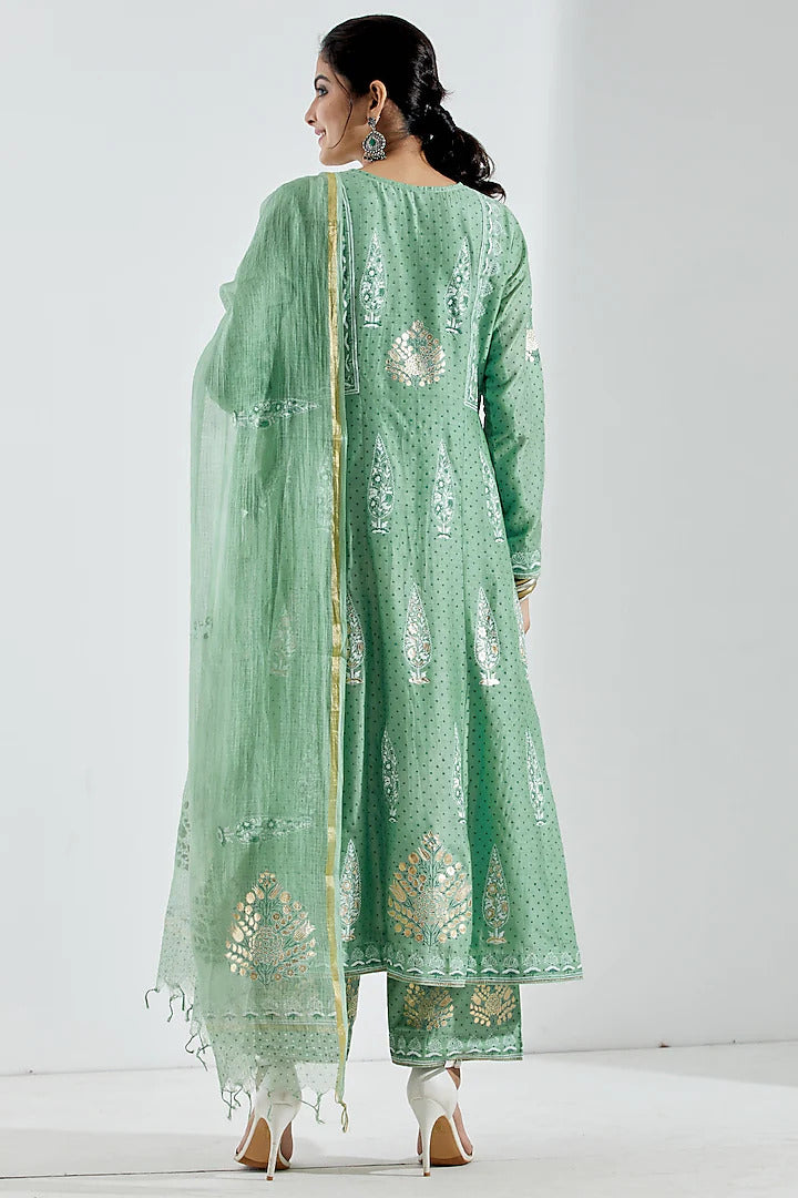 Green Foil Anarkali Set - Indian Clothing in Denver, CO, Aurora, CO, Boulder, CO, Fort Collins, CO, Colorado Springs, CO, Parker, CO, Highlands Ranch, CO, Cherry Creek, CO, Centennial, CO, and Longmont, CO. Nationwide shipping USA - India Fashion X