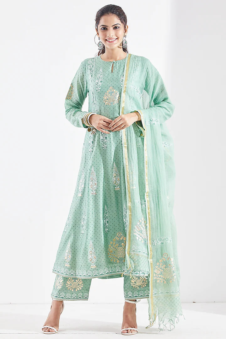 Green Foil Anarkali Set - Indian Clothing in Denver, CO, Aurora, CO, Boulder, CO, Fort Collins, CO, Colorado Springs, CO, Parker, CO, Highlands Ranch, CO, Cherry Creek, CO, Centennial, CO, and Longmont, CO. Nationwide shipping USA - India Fashion X