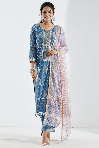 Blue Foil Printed Kurta Set - Indian Clothing in Denver, CO, Aurora, CO, Boulder, CO, Fort Collins, CO, Colorado Springs, CO, Parker, CO, Highlands Ranch, CO, Cherry Creek, CO, Centennial, CO, and Longmont, CO. Nationwide shipping USA - India Fashion X