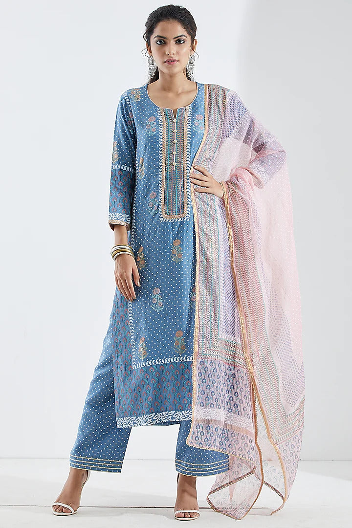 Blue Foil Printed Kurta Set - Indian Clothing in Denver, CO, Aurora, CO, Boulder, CO, Fort Collins, CO, Colorado Springs, CO, Parker, CO, Highlands Ranch, CO, Cherry Creek, CO, Centennial, CO, and Longmont, CO. Nationwide shipping USA - India Fashion X