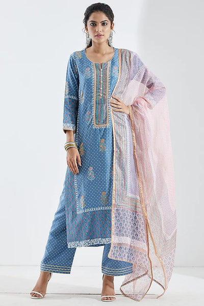 Blue Foil Printed Kurta Set - Indian Clothing in Denver, CO, Aurora, CO, Boulder, CO, Fort Collins, CO, Colorado Springs, CO, Parker, CO, Highlands Ranch, CO, Cherry Creek, CO, Centennial, CO, and Longmont, CO. Nationwide shipping USA - India Fashion X