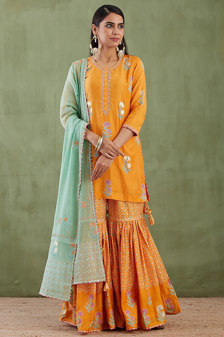 Golden Hand Block Gharara Set - Indian Clothing in Denver, CO, Aurora, CO, Boulder, CO, Fort Collins, CO, Colorado Springs, CO, Parker, CO, Highlands Ranch, CO, Cherry Creek, CO, Centennial, CO, and Longmont, CO. Nationwide shipping USA - India Fashion X