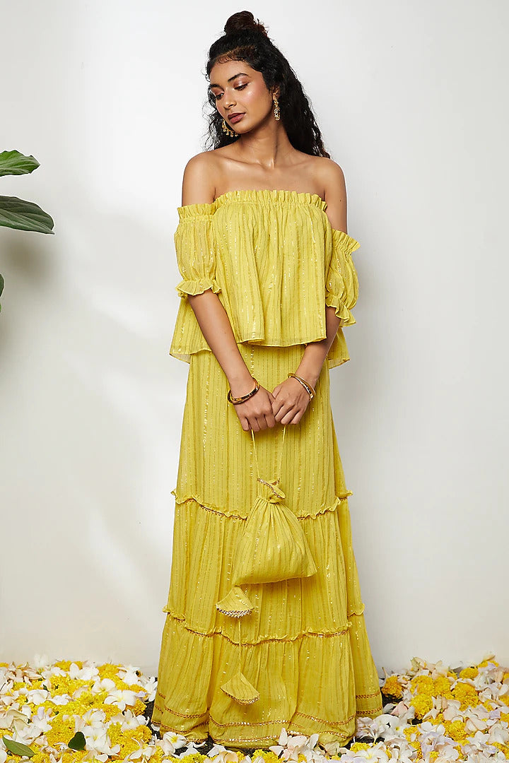 Yellow Layered Skirt Set - Indian Clothing in Denver, CO, Aurora, CO, Boulder, CO, Fort Collins, CO, Colorado Springs, CO, Parker, CO, Highlands Ranch, CO, Cherry Creek, CO, Centennial, CO, and Longmont, CO. Nationwide shipping USA - India Fashion X
