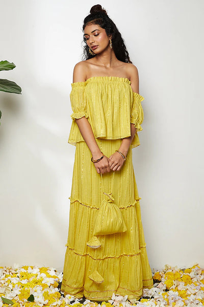 Yellow Layered Skirt Set - Indian Clothing in Denver, CO, Aurora, CO, Boulder, CO, Fort Collins, CO, Colorado Springs, CO, Parker, CO, Highlands Ranch, CO, Cherry Creek, CO, Centennial, CO, and Longmont, CO. Nationwide shipping USA - India Fashion X