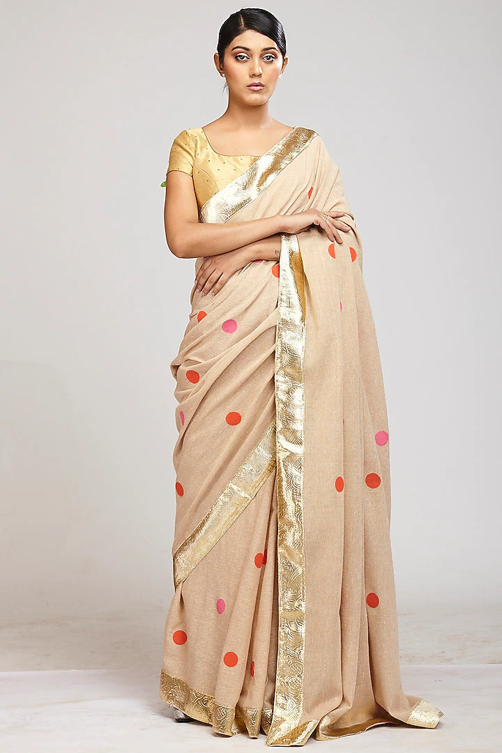 Beige Hand block Print Saree II - Indian Clothing in Denver, CO, Aurora, CO, Boulder, CO, Fort Collins, CO, Colorado Springs, CO, Parker, CO, Highlands Ranch, CO, Cherry Creek, CO, Centennial, CO, and Longmont, CO. Nationwide shipping USA - India Fashion X