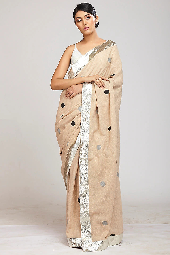 Beige Hand block Print Saree - Indian Clothing in Denver, CO, Aurora, CO, Boulder, CO, Fort Collins, CO, Colorado Springs, CO, Parker, CO, Highlands Ranch, CO, Cherry Creek, CO, Centennial, CO, and Longmont, CO. Nationwide shipping USA - India Fashion X