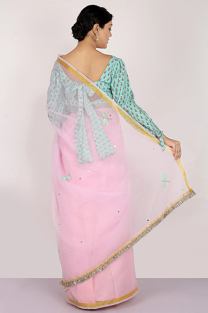 Pink Kota Doria Saree Set - Indian Clothing in Denver, CO, Aurora, CO, Boulder, CO, Fort Collins, CO, Colorado Springs, CO, Parker, CO, Highlands Ranch, CO, Cherry Creek, CO, Centennial, CO, and Longmont, CO. Nationwide shipping USA - India Fashion X