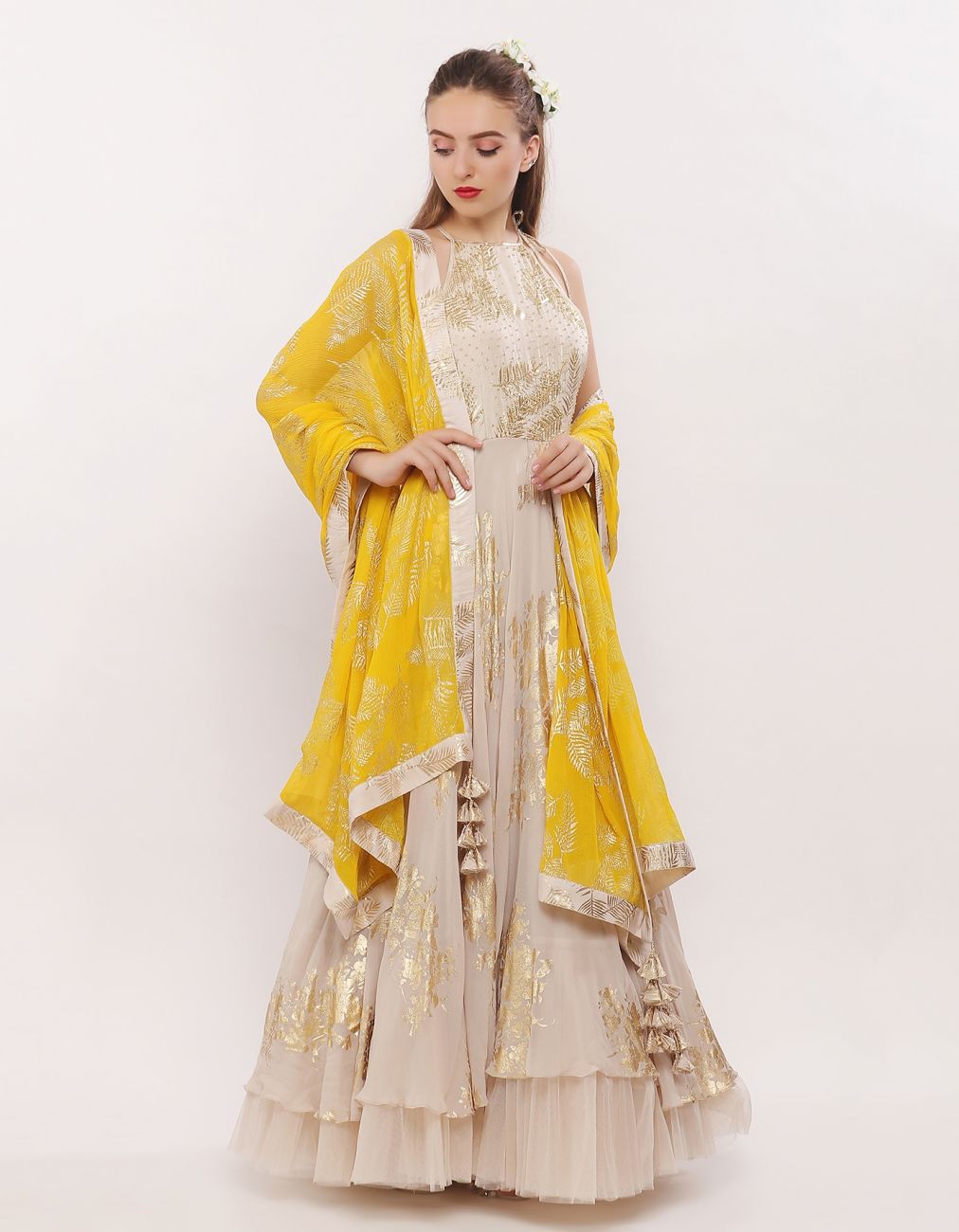 Ivory-Gold Leaf Motif Anarkali - Indian Clothing in Denver, CO, Aurora, CO, Boulder, CO, Fort Collins, CO, Colorado Springs, CO, Parker, CO, Highlands Ranch, CO, Cherry Creek, CO, Centennial, CO, and Longmont, CO. Nationwide shipping USA - India Fashion X