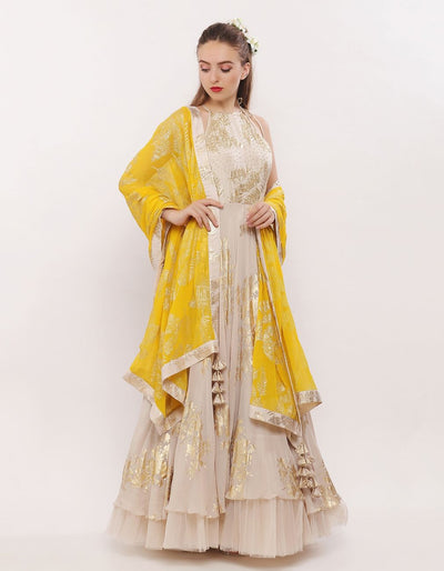 Ivory-Gold Leaf Motif Anarkali - Indian Clothing in Denver, CO, Aurora, CO, Boulder, CO, Fort Collins, CO, Colorado Springs, CO, Parker, CO, Highlands Ranch, CO, Cherry Creek, CO, Centennial, CO, and Longmont, CO. Nationwide shipping USA - India Fashion X