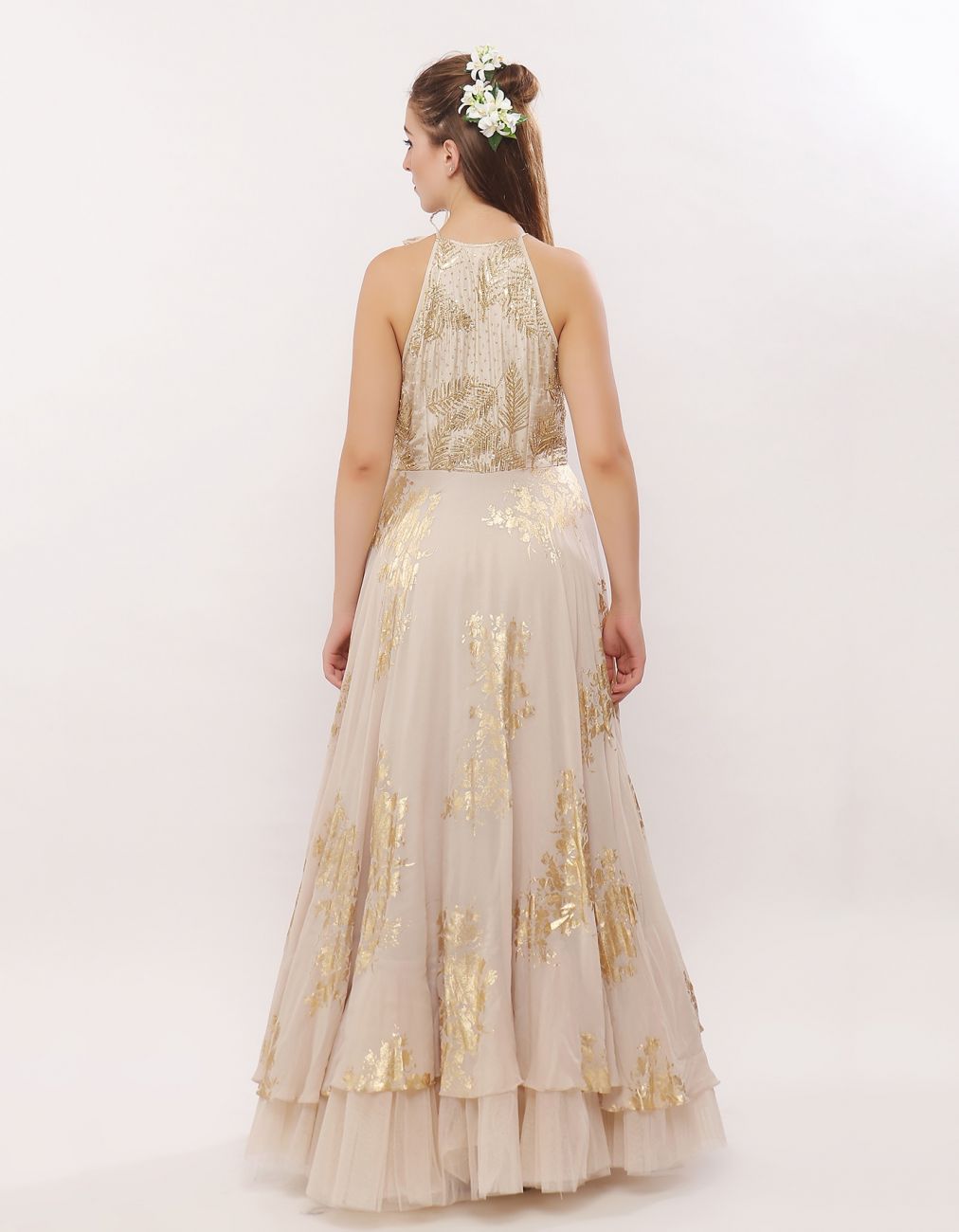 Ivory-Gold Leaf Motif Anarkali - Indian Clothing in Denver, CO, Aurora, CO, Boulder, CO, Fort Collins, CO, Colorado Springs, CO, Parker, CO, Highlands Ranch, CO, Cherry Creek, CO, Centennial, CO, and Longmont, CO. Nationwide shipping USA - India Fashion X
