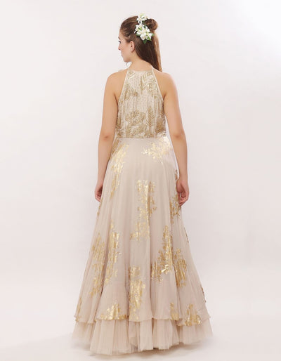 Ivory-Gold Leaf Motif Anarkali - Indian Clothing in Denver, CO, Aurora, CO, Boulder, CO, Fort Collins, CO, Colorado Springs, CO, Parker, CO, Highlands Ranch, CO, Cherry Creek, CO, Centennial, CO, and Longmont, CO. Nationwide shipping USA - India Fashion X