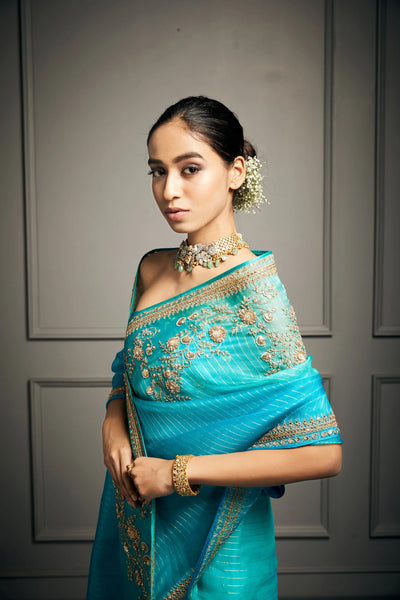 Ombré Blue Organza Saree Indian Clothing in Denver, CO, Aurora, CO, Boulder, CO, Fort Collins, CO, Colorado Springs, CO, Parker, CO, Highlands Ranch, CO, Cherry Creek, CO, Centennial, CO, and Longmont, CO. NATIONWIDE SHIPPING USA- India Fashion X