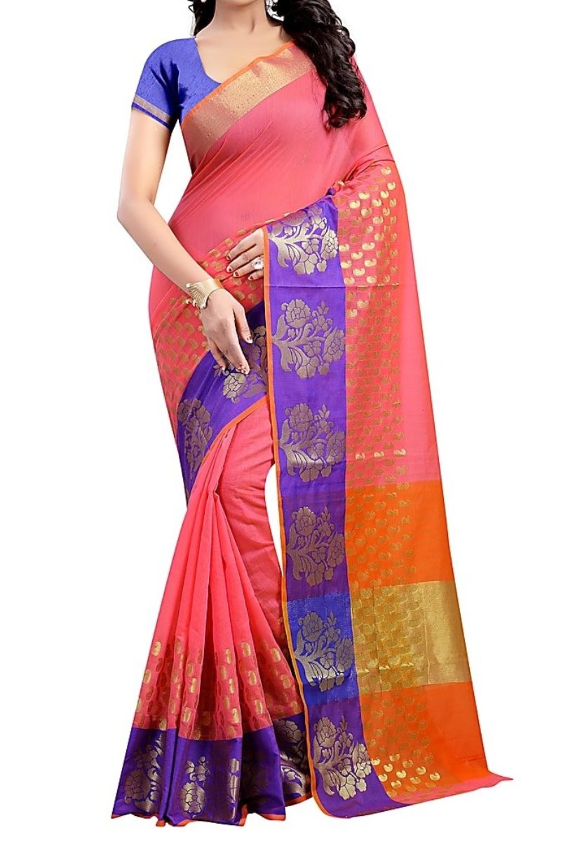 Pink Color Poly Cotton Woven Work Saree With Unstitched Blouse Piece - Indian Clothing in Denver, CO, Aurora, CO, Boulder, CO, Fort Collins, CO, Colorado Springs, CO, Parker, CO, Highlands Ranch, CO, Cherry Creek, CO, Centennial, CO, and Longmont, CO. Nationwide shipping USA - India Fashion X