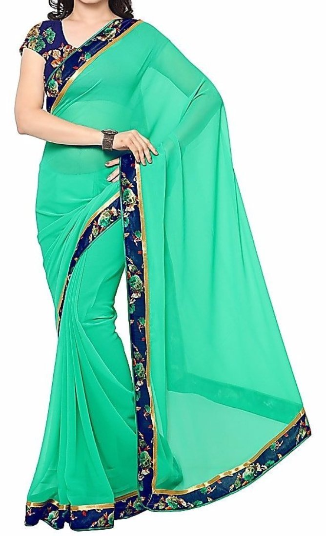 Saara Green Printed Solid Saree With Unstitched Blouse - Indian Clothing in Denver, CO, Aurora, CO, Boulder, CO, Fort Collins, CO, Colorado Springs, CO, Parker, CO, Highlands Ranch, CO, Cherry Creek, CO, Centennial, CO, and Longmont, CO. Nationwide shipping USA - India Fashion X