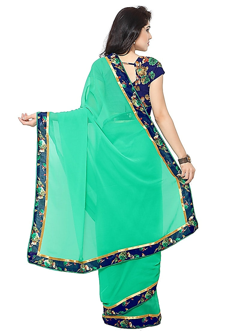 Saara Green Printed Solid Saree With Unstitched Blouse - Indian Clothing in Denver, CO, Aurora, CO, Boulder, CO, Fort Collins, CO, Colorado Springs, CO, Parker, CO, Highlands Ranch, CO, Cherry Creek, CO, Centennial, CO, and Longmont, CO. Nationwide shipping USA - India Fashion X