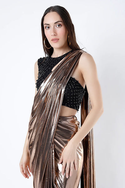 Metallic Gold Draped Saree Set - Indian Clothing in Denver, CO, Aurora, CO, Boulder, CO, Fort Collins, CO, Colorado Springs, CO, Parker, CO, Highlands Ranch, CO, Cherry Creek, CO, Centennial, CO, and Longmont, CO. Nationwide shipping USA - India Fashion X