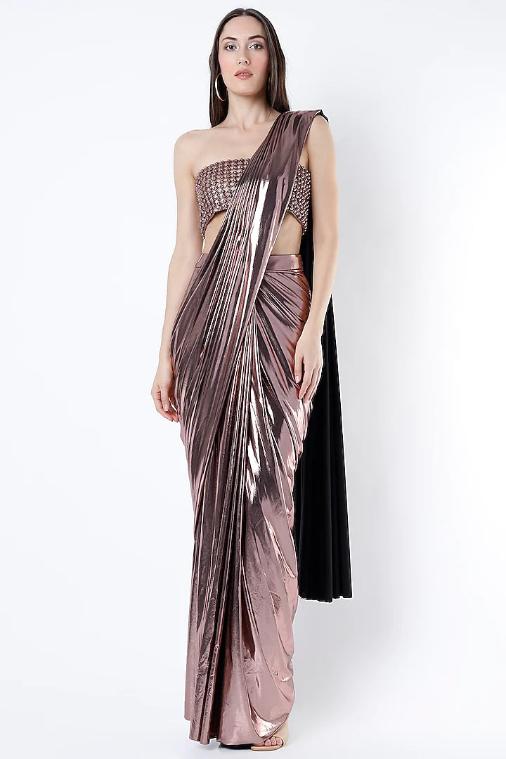 Rose Gold Metallic Saree Set - Indian Clothing in Denver, CO, Aurora, CO, Boulder, CO, Fort Collins, CO, Colorado Springs, CO, Parker, CO, Highlands Ranch, CO, Cherry Creek, CO, Centennial, CO, and Longmont, CO. Nationwide shipping USA - India Fashion X