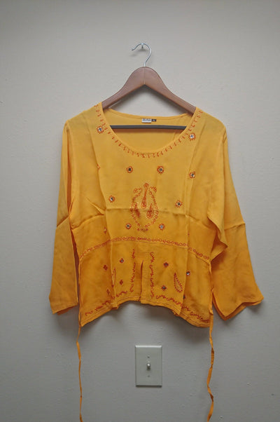 Kurti Blouse Top in Orange Yellow - Indian Clothing in Denver, CO, Aurora, CO, Boulder, CO, Fort Collins, CO, Colorado Springs, CO, Parker, CO, Highlands Ranch, CO, Cherry Creek, CO, Centennial, CO, and Longmont, CO. Nationwide shipping USA - India Fashion X