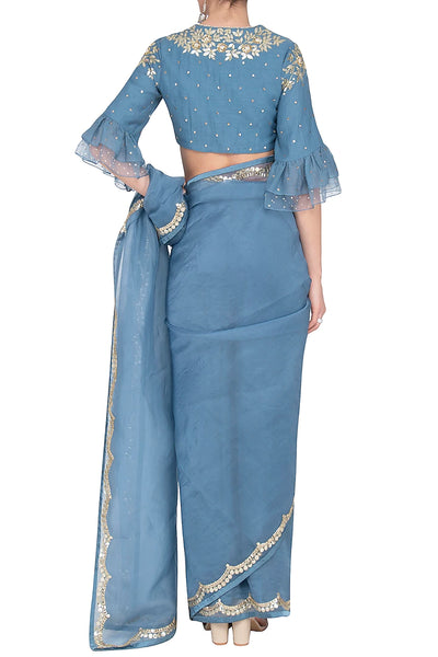Blue Embroidered Saree Set - Indian Clothing in Denver, CO, Aurora, CO, Boulder, CO, Fort Collins, CO, Colorado Springs, CO, Parker, CO, Highlands Ranch, CO, Cherry Creek, CO, Centennial, CO, and Longmont, CO. Nationwide shipping USA - India Fashion X