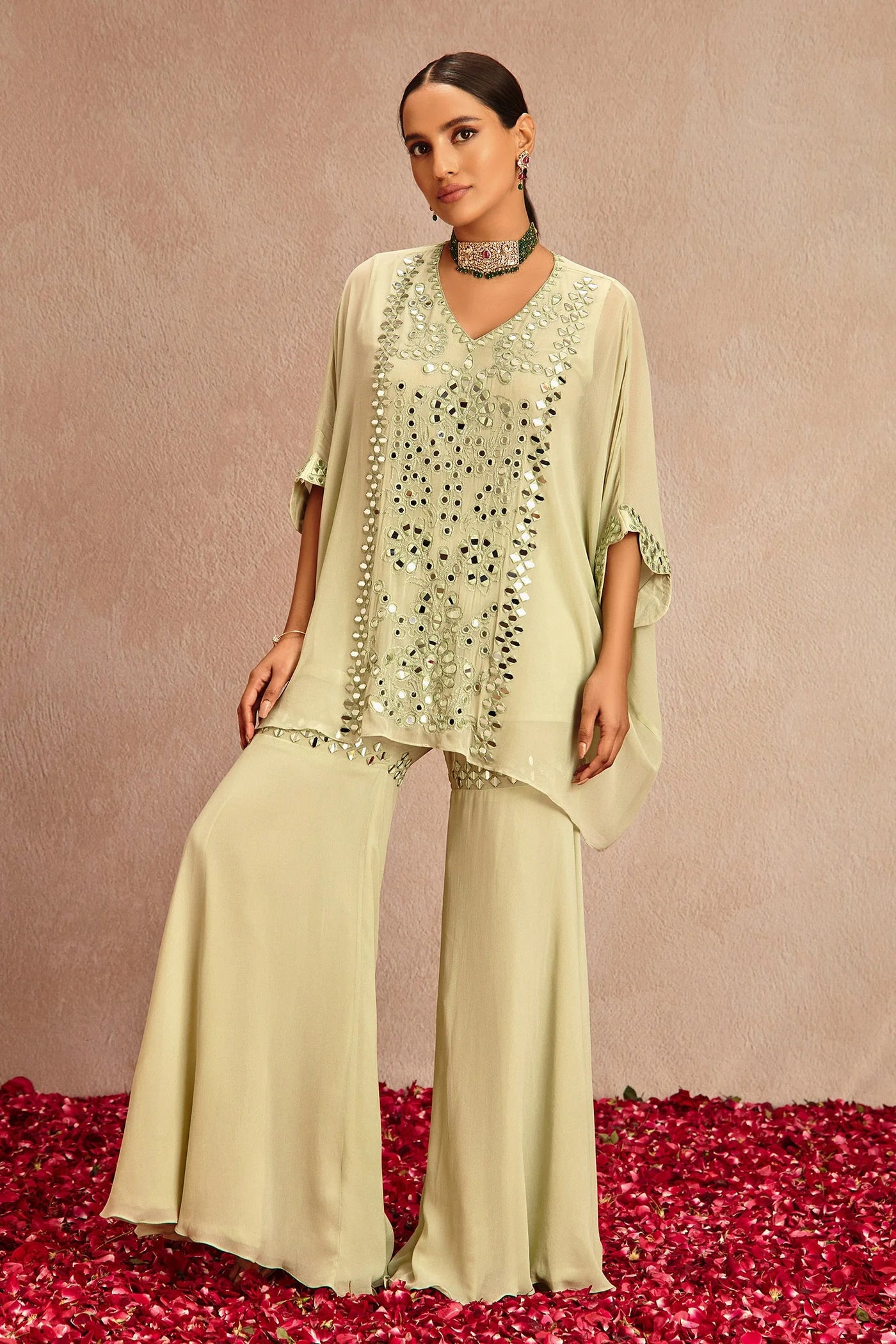 Sage Mirror Embroidered Sharara Set Indian Clothing in Denver, CO, Aurora, CO, Boulder, CO, Fort Collins, CO, Colorado Springs, CO, Parker, CO, Highlands Ranch, CO, Cherry Creek, CO, Centennial, CO, and Longmont, CO. NATIONWIDE SHIPPING USA- India Fashion X