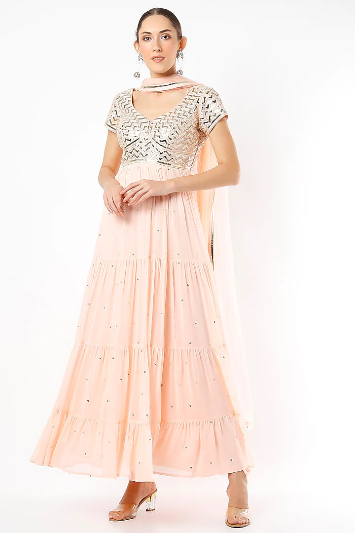 Peach Egyptian Goddess Anarkali Indian Clothing in Denver, CO, Aurora, CO, Boulder, CO, Fort Collins, CO, Colorado Springs, CO, Parker, CO, Highlands Ranch, CO, Cherry Creek, CO, Centennial, CO, and Longmont, CO. NATIONWIDE SHIPPING USA- India Fashion X