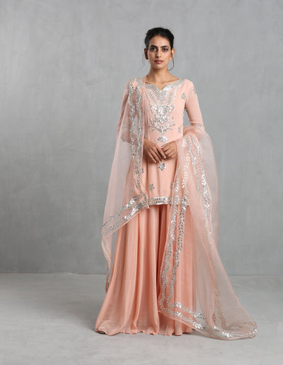 Peach Cream Sharara Set - Indian Clothing in Denver, CO, Aurora, CO, Boulder, CO, Fort Collins, CO, Colorado Springs, CO, Parker, CO, Highlands Ranch, CO, Cherry Creek, CO, Centennial, CO, and Longmont, CO. Nationwide shipping USA - India Fashion X