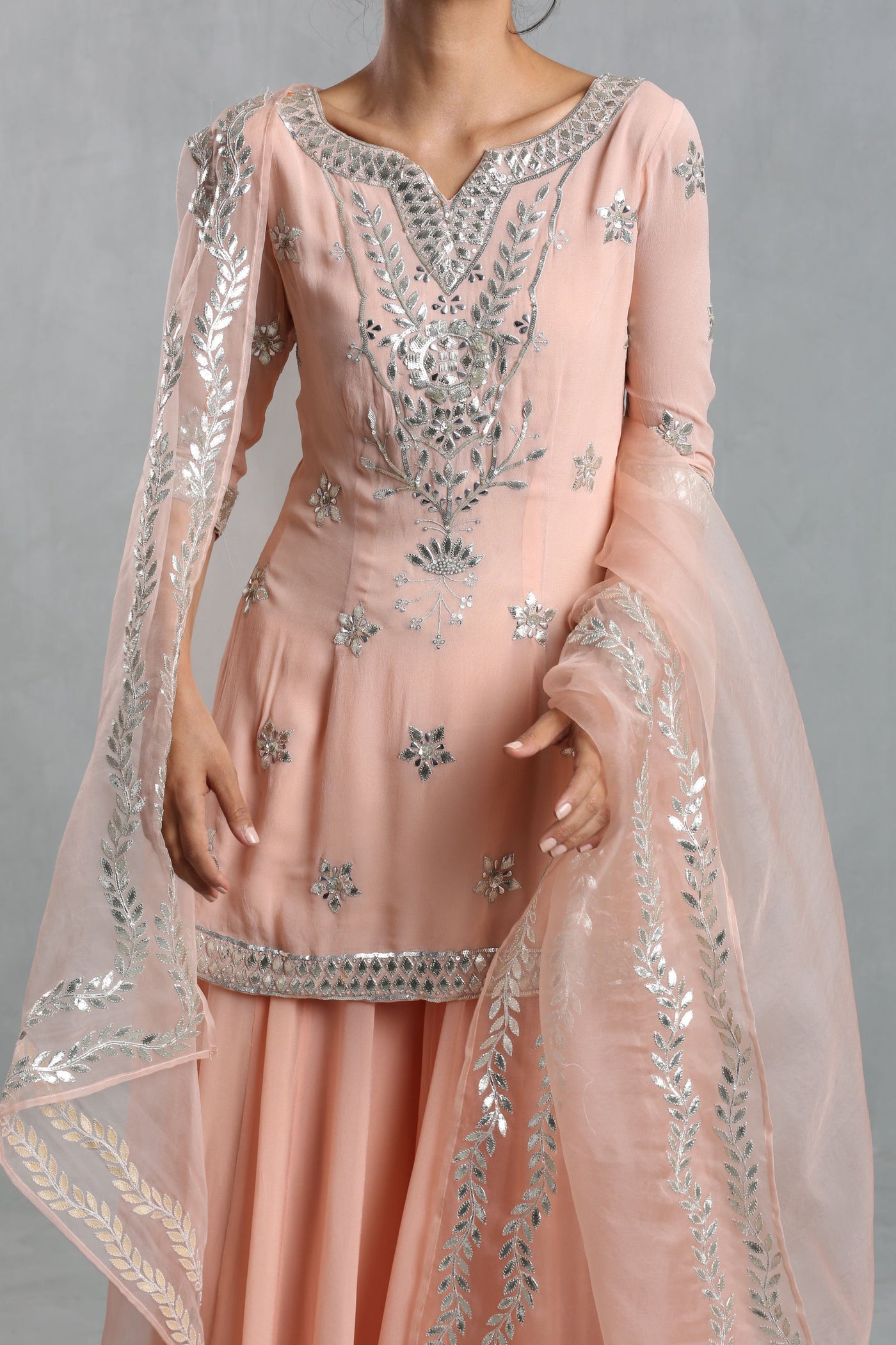 Peach Cream Sharara Set - Indian Clothing in Denver, CO, Aurora, CO, Boulder, CO, Fort Collins, CO, Colorado Springs, CO, Parker, CO, Highlands Ranch, CO, Cherry Creek, CO, Centennial, CO, and Longmont, CO. Nationwide shipping USA - India Fashion X