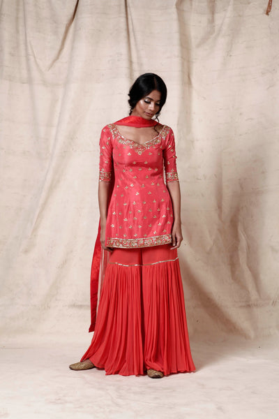 Coral Sharara Set Indian Clothing in Denver, CO, Aurora, CO, Boulder, CO, Fort Collins, CO, Colorado Springs, CO, Parker, CO, Highlands Ranch, CO, Cherry Creek, CO, Centennial, CO, and Longmont, CO. NATIONWIDE SHIPPING USA- India Fashion X