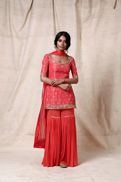Coral Sharara Set Indian Clothing in Denver, CO, Aurora, CO, Boulder, CO, Fort Collins, CO, Colorado Springs, CO, Parker, CO, Highlands Ranch, CO, Cherry Creek, CO, Centennial, CO, and Longmont, CO. NATIONWIDE SHIPPING USA- India Fashion X