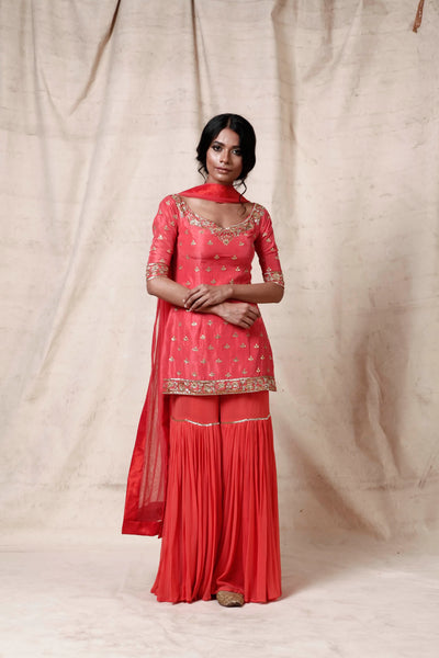 Coral Sharara Set Indian Clothing in Denver, CO, Aurora, CO, Boulder, CO, Fort Collins, CO, Colorado Springs, CO, Parker, CO, Highlands Ranch, CO, Cherry Creek, CO, Centennial, CO, and Longmont, CO. NATIONWIDE SHIPPING USA- India Fashion X