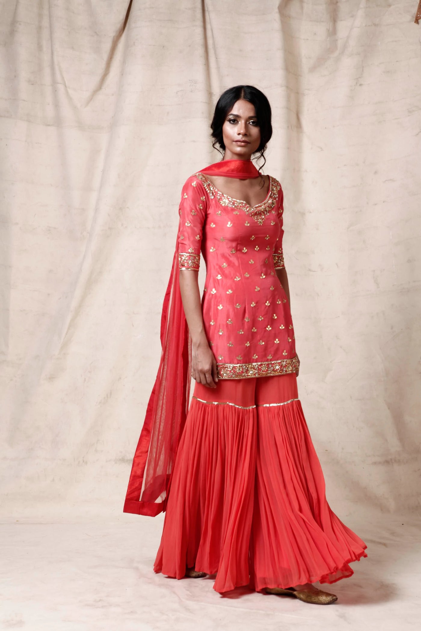 Coral Sharara Set Indian Clothing in Denver, CO, Aurora, CO, Boulder, CO, Fort Collins, CO, Colorado Springs, CO, Parker, CO, Highlands Ranch, CO, Cherry Creek, CO, Centennial, CO, and Longmont, CO. NATIONWIDE SHIPPING USA- India Fashion X