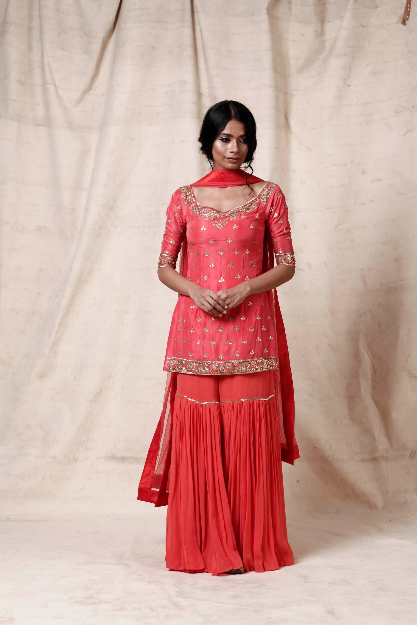 Coral Sharara Set Indian Clothing in Denver, CO, Aurora, CO, Boulder, CO, Fort Collins, CO, Colorado Springs, CO, Parker, CO, Highlands Ranch, CO, Cherry Creek, CO, Centennial, CO, and Longmont, CO. NATIONWIDE SHIPPING USA- India Fashion X