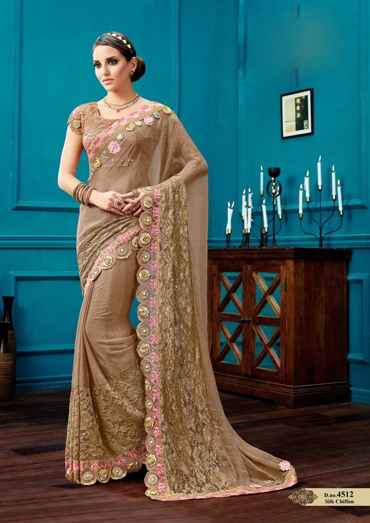 Coffee Saree in Silk and Net - Indian Clothing in Denver, CO, Aurora, CO, Boulder, CO, Fort Collins, CO, Colorado Springs, CO, Parker, CO, Highlands Ranch, CO, Cherry Creek, CO, Centennial, CO, and Longmont, CO. Nationwide shipping USA - India Fashion X
