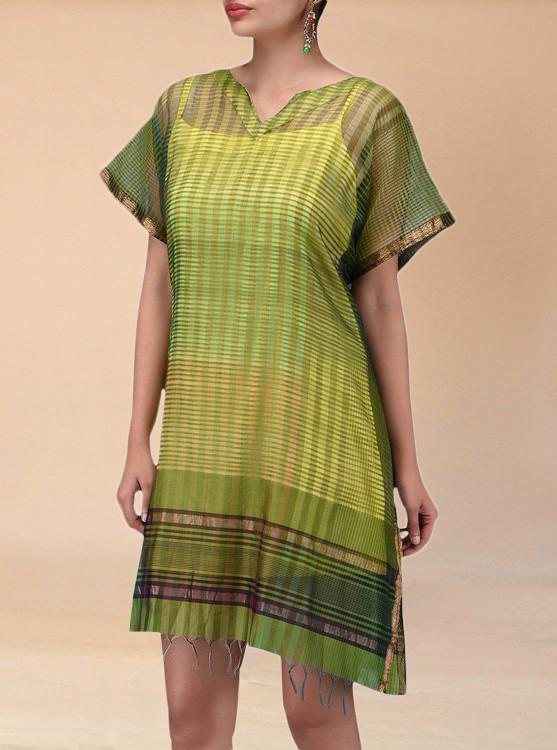 Green Cotton Silk Tunic Dress - Indian Clothing in Denver, CO, Aurora, CO, Boulder, CO, Fort Collins, CO, Colorado Springs, CO, Parker, CO, Highlands Ranch, CO, Cherry Creek, CO, Centennial, CO, and Longmont, CO. Nationwide shipping USA - India Fashion X