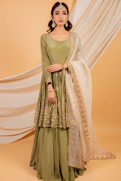 Olive Crepe Skirt Set - Indian Clothing in Denver, CO, Aurora, CO, Boulder, CO, Fort Collins, CO, Colorado Springs, CO, Parker, CO, Highlands Ranch, CO, Cherry Creek, CO, Centennial, CO, and Longmont, CO. Nationwide shipping USA - India Fashion X