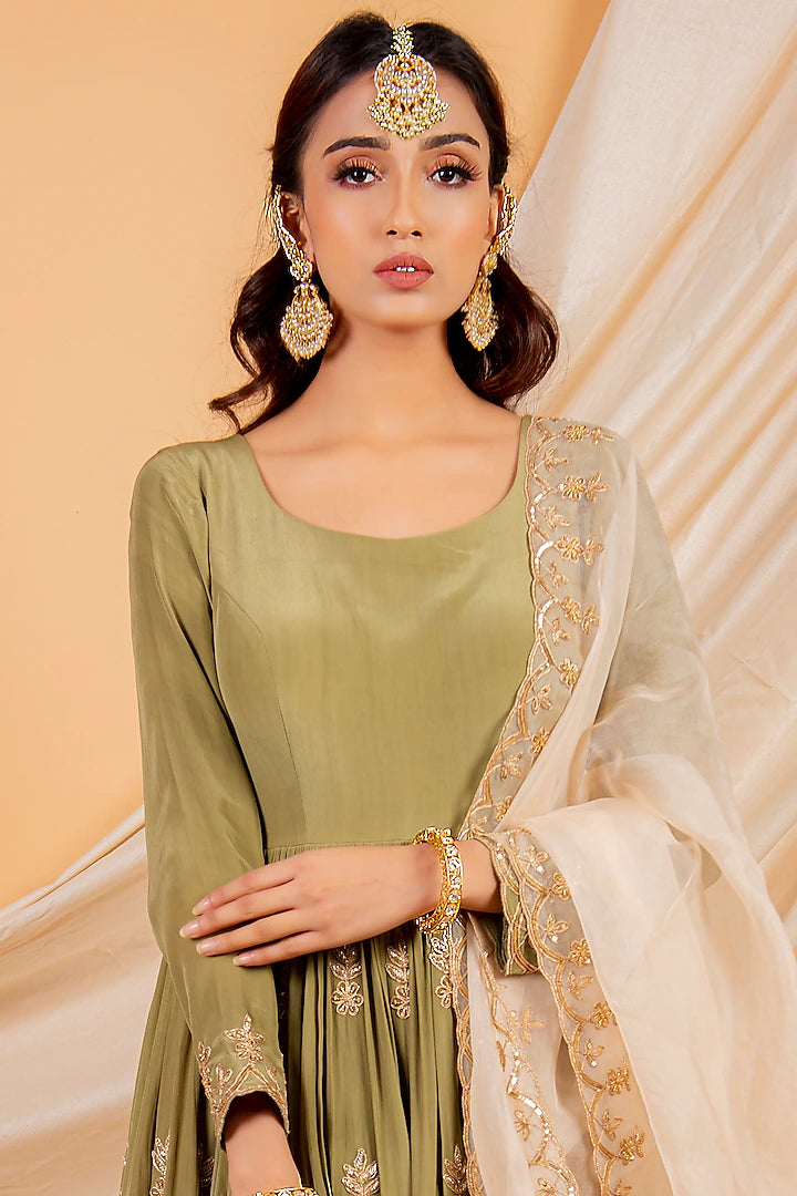 Olive Crepe Skirt Set - Indian Clothing in Denver, CO, Aurora, CO, Boulder, CO, Fort Collins, CO, Colorado Springs, CO, Parker, CO, Highlands Ranch, CO, Cherry Creek, CO, Centennial, CO, and Longmont, CO. Nationwide shipping USA - India Fashion X